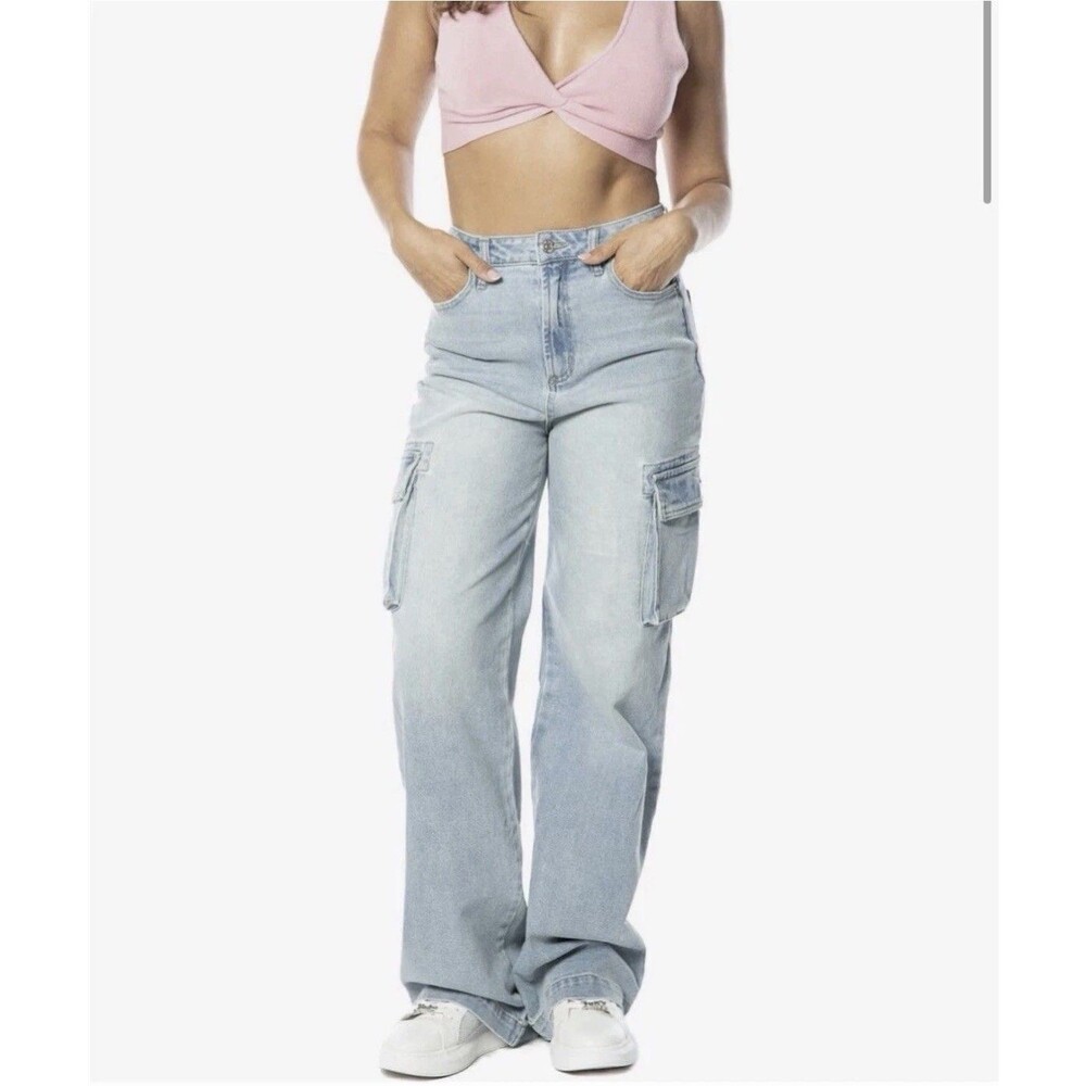 Juicy Couture High Rise Wide Leg Y2K Jeans Sz:13/31 Light Wash Pink Logo Cargo